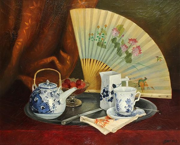 Still Life With Asian Fan Tea Set And Bowl Of Raspberries By Asian