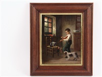 Boy Amusing Two Dogs with Marionette
