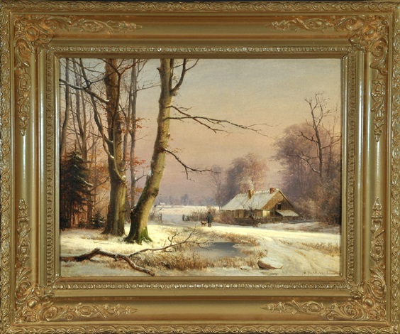 Spazierganger Mit Hund Am Haus In Winterlandschaft By Anders