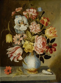 blumenstilleben in einer vase auf einer steinplinthe mit muscheln und kleinen insekten by abraham bosschaert