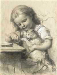 A girl feeding a cat