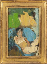 Nude seated on a blue chair.