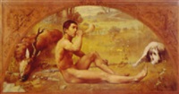 A nude huntsman seated in an extensive landscape A nude huntsman seated in an extensive landscape