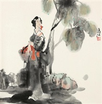 执篮仕女 镜心 设色纸本