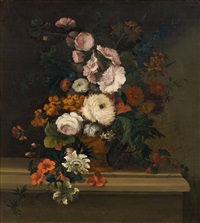 still-life with flowers in a vase on a stone plinth by justus van huysum the elder