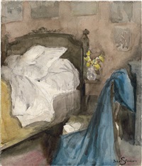 Blauer Morgenmantel am Bett