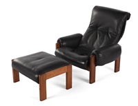Mid-century teak and black leather lounger..., 1960 Mid-century teak and black leather lounger..., 1960