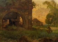 View of an Adobe Arched Structure at Sunset, 1935