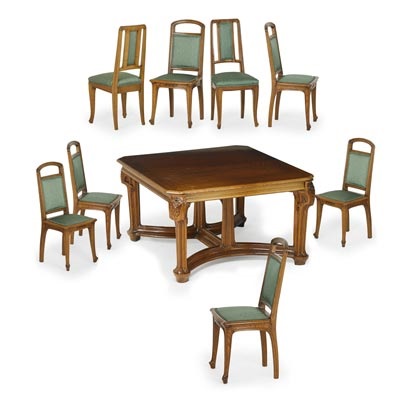 Art Nouveau dining table and set of six chairs plus two associated
