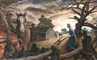 A Woman and Horses Outside a Farmhouse, 1960