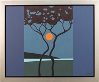 Sumach Moon - blue, orange, trees, moon,..., 2006