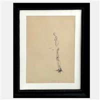 Figure standing in profile with hands raised, 1957