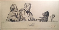Gentlemen and Scottie dog at Chess Board
