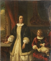 Interior of young woman, boy and dog Interior of young woman, boy and dog