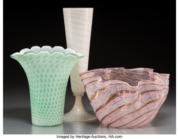 Three Fratelli Toso Bubble And Ribbon Patterned Trumpet Glass