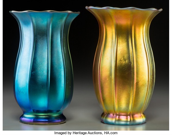 Two Steuben Blue And Gold Aurene Glass Floriform Vases By Steuben