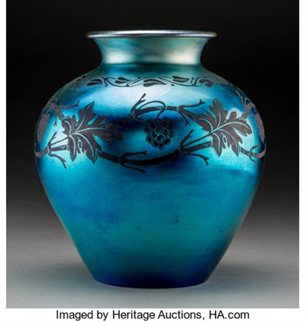 Steuben Blue Aurene Etched Glass Blackberry Vase By Steuben Glass
