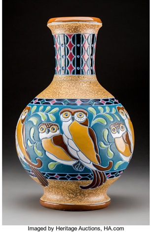 Amphora Enameled Ceramic Owl Vase By Riessner Stellmacher