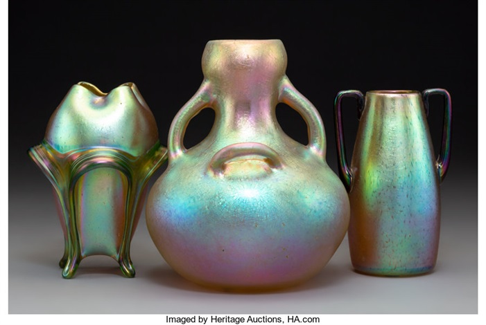 Two Loetz Glass Vases And One Steuben Glass Aurene Vase By Johann