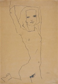 nude girl with arms raised by egon schiele