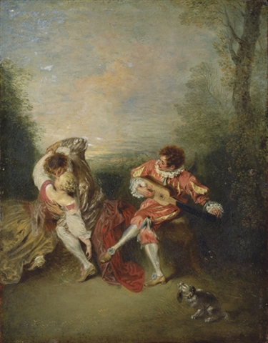 La Surprise - A couple embracing while a figure dressed as Mezzetin tunes a guitar by Jean Antoine Watteau La Surprise - A couple embracing while a figure dressed as Mezzetin tunes a guitar by Jean Antoine Watteau