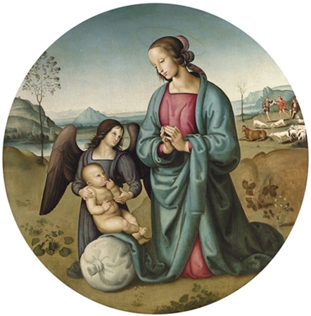 The Madonna and Child with an angel in a landscape by Circle of Perugino