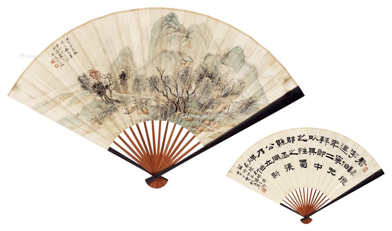山水隶书成扇设色纸本by Yang Defu and Zhang Shiyuan on artnet