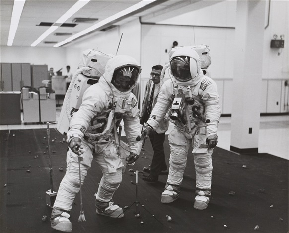Apollo 11 crew members simulating their activities on the lunar surface ...