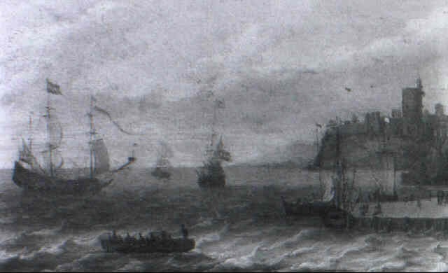 Mediterranean coastal landscape with Dutch menowar near a jetty by