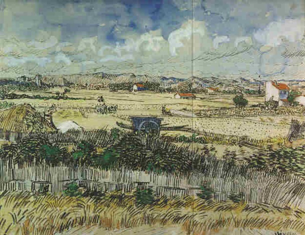 van Gogh: Champ de blé avec moissonneuse au soleil levant. Impression d'art