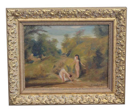Oil on board painting of two nudes bathing in a landscape. by Louis