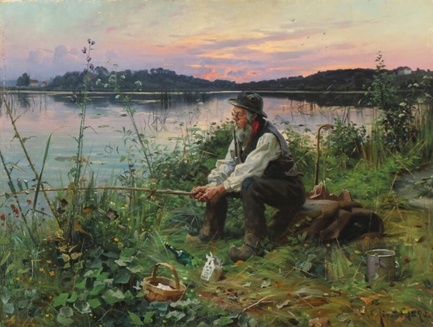 24 - Omaž ribolovcu i ribolovu - Page 13 Peder-m%C3%B8rk-m%C3%B8nsted-evening-lake-view-with-an-old-man-fishing