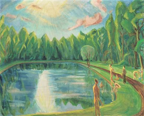Badende im Park Teich im Park by Erich Heckel on
