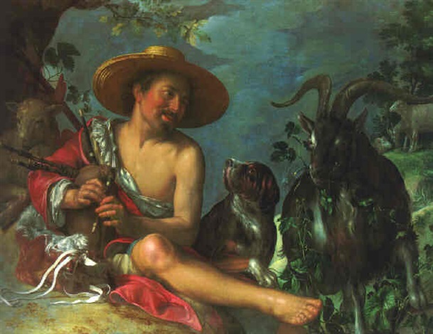 A shepherd piping on a knoll, a dog and his flock nearby by Peter