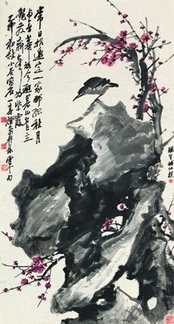 中國画 猿 程璋 在銘 王震、程璋花鸟纸本设色立轴（旧裱by Wang Zhen and Cheng Zhang on artnet
