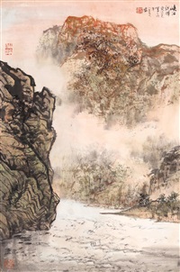 景徳鎮 龔嫦娥造 色絵『山水風景漢詩文』大型陶板画 壁飾 手描き横128cm 美術品・アンティーク・コレクション