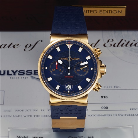 ULYSSE NARDIN REF. 356 68 BLUE SEAL LIMITED EDITION CHRONOGRAPH PINK GOLD Ulysse Nardin Blue Seal Limited Edition Chronograph No. 916 999 Ref. 356 68. Made in a limited edition of 999 circa 2012