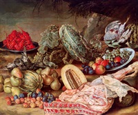 stillleben mit früchten, gemüse, fleisch und flusskrebsen by gottfried libalt