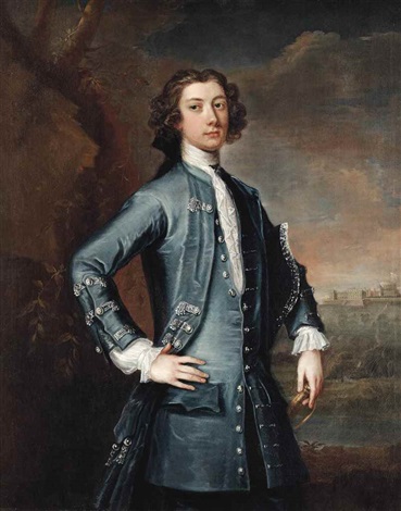 Portrait of George Montagu Dunk 2nd Earl of Halifax 17161771 three quarter length in a blue waistcoat and coat his tricorn under his left arm with Windsor Castle in the background by Joseph Highmore o...