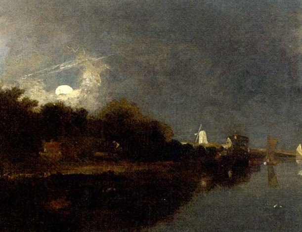 A moonlit river landscape, with cottages, sailing boats and a windmill