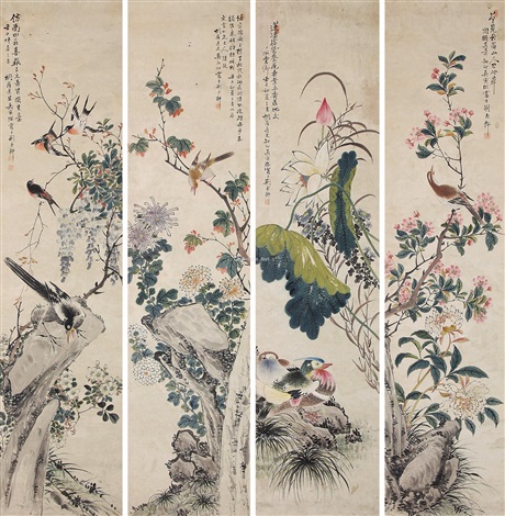 花鸟四屏挂轴设色纸本by Wu Zhiyang on artnet
