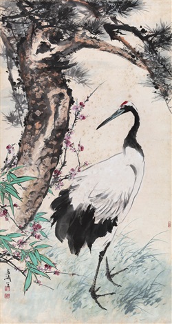 松鶴長春　水墨画 道具 ] - 道具 雪庵筆 松上双鶴「松鶴長春」 肉筆絹本掛軸 | ネット