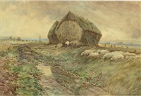 Shepherd and flock by a haystack, evening