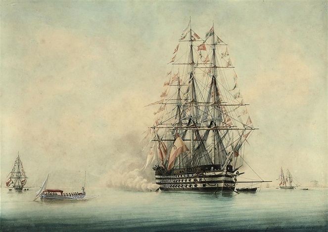 A French first-rate lying at anchor in the roadstead at Toulon, dressed ...