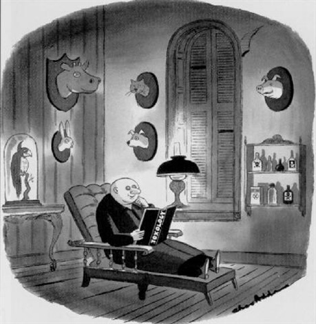 Uncle Fester reading book on toxicology, mounted heads on walls by Charles Addams on artnet Uncle Fester reading book on toxicology, mounted heads on walls by Charles Addams on artnet