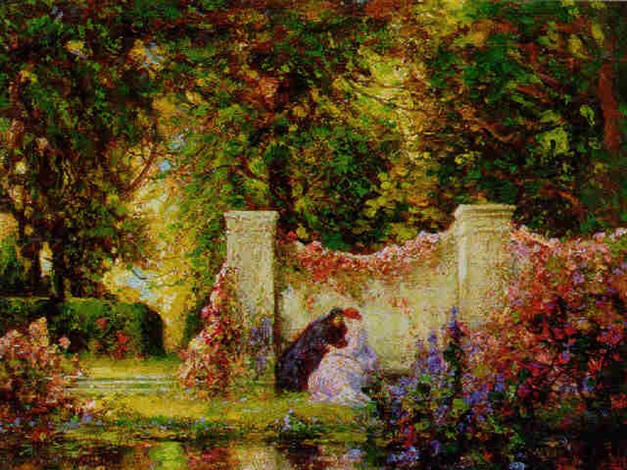 Lovers in an enchanted garden by Thomas Edwin Mostyn on artnet