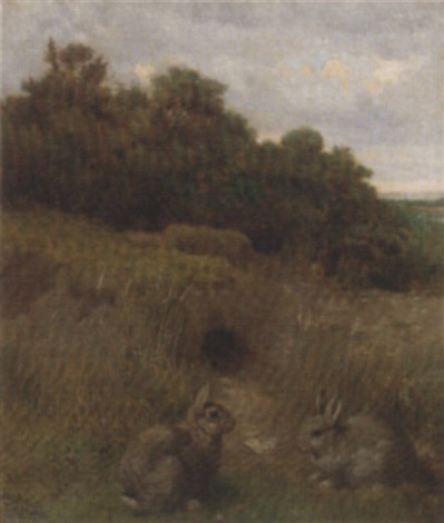 Rabbits by their burrow by Henry William Carter on artnet