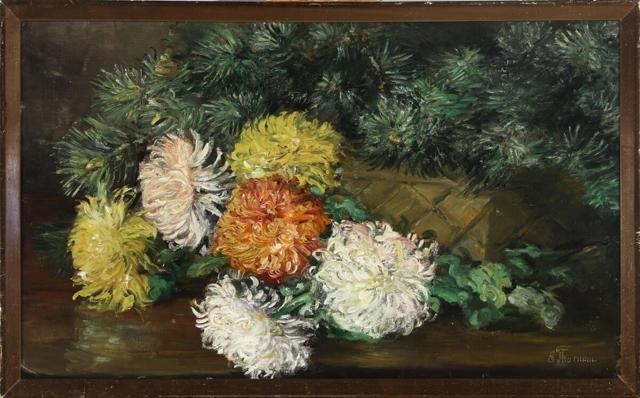 Still life with chrysanthemum in a basket by Emmy Thornam on