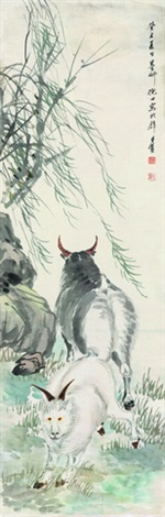 吉羊图纸本设色立轴（旧裱by Ni Tian on artnet