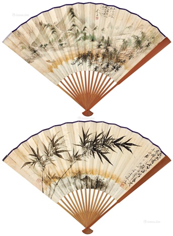 山水墨竹成扇设色纸本水墨纸本by Wu Qinmu on artnet